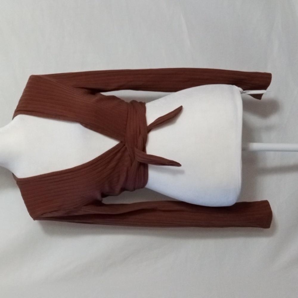 SHEIN Chocolate Ribbed Long Sleeve Wrap Crop Top - Picture 2 of 5